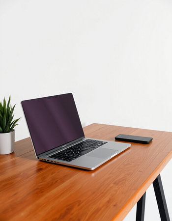 Laptop on a wooden table with smartphone and plant on white background