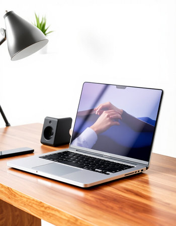 Laptop with hand on screen on wooden desk. 3d rendering