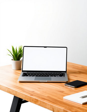 Laptop with blank screen on wooden table and white wall background.の写真素材