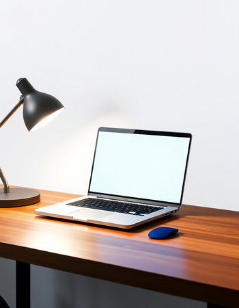 Laptop with blank screen on wooden table. 3D rendering.の写真素材