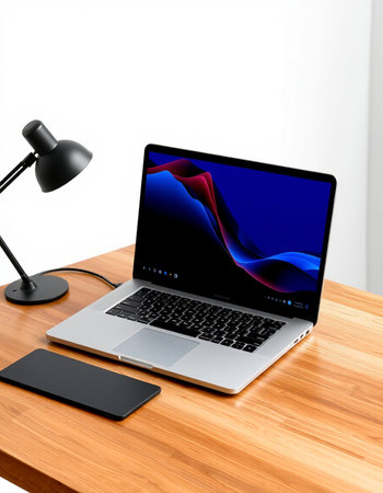 Laptop on a wooden table with lamp and mobile phone. 3d rendering.