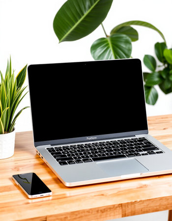 Laptop with blank screen and smartphone on wooden table with green plantの写真素材