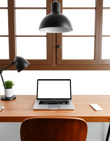 workplace with laptop, lamp and coffee cup on wooden table near windowの写真素材