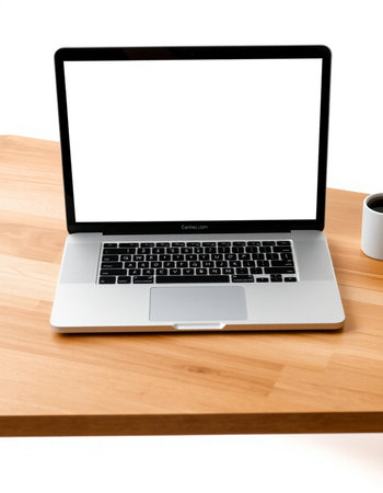 Close up of laptop with blank screen on wooden table isolated on white background