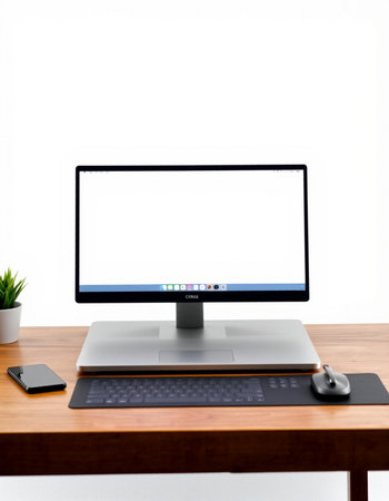 Computer with blank screen on wooden table, isolated on white background.