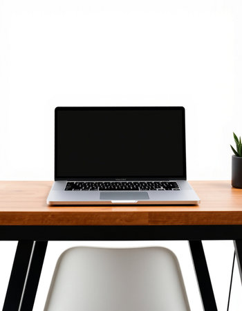 Laptop with blank screen on table isolated on white background. Mock up