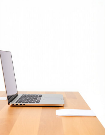 Laptop computer on wood desk with white wall background, stock photoの写真素材