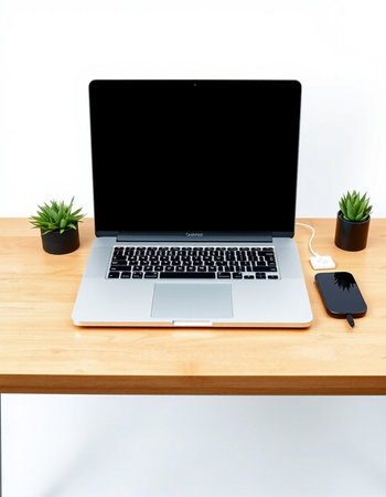 Laptop with blank screen on wooden table and white wall background.の写真素材