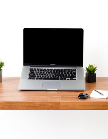 Laptop with blank screen on wooden desk and white wall background.