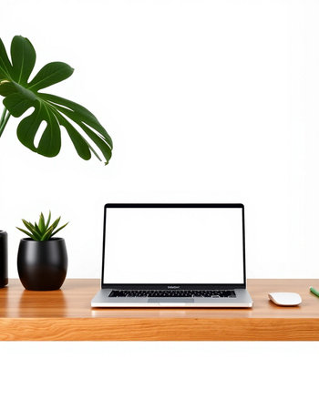 Laptop with blank screen on the wooden table and white wall background