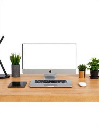 Modern desktop computer with blank screen on wooden desk isolated on white background