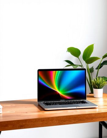 Laptop on wooden desk with green plant on white wall background.