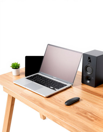 Laptop and speakers on a wooden table. 3d rendering.