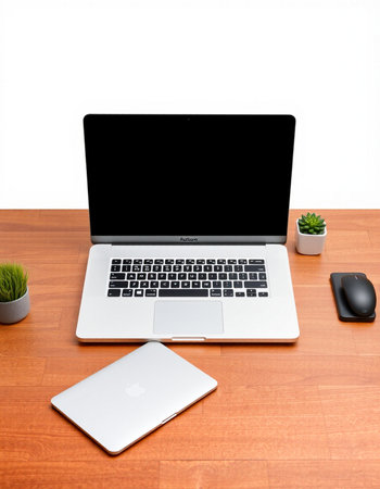 Laptop computer with blank screen on wooden desk. Isolated on white background