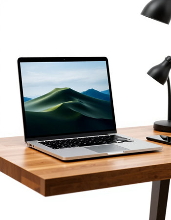 Laptop on wood desk isolated on white background. 3d rendering.