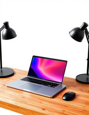 Laptop on wooden table with black lamps and mouse on white background
