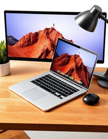 Modern workplace with laptop and tablet pc on wooden table, closeup