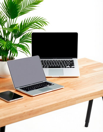Laptop and smartphone on wooden table in office. Workplace concept