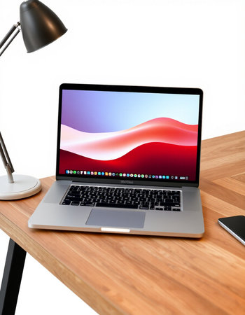 3d rendering of laptop on wooden table with lamp and mobile phone