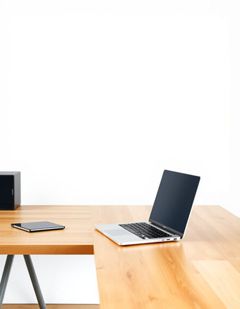 Laptop on wooden desk and white wall background. 3D Rendering