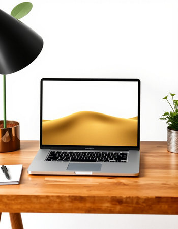 Modern workspace with blank screen laptop computer on wooden table. 3d render