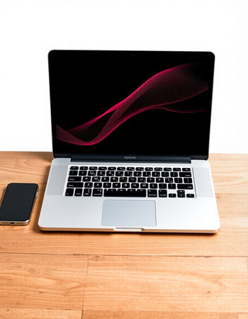 Laptop on a wooden table with a red graph on the screen