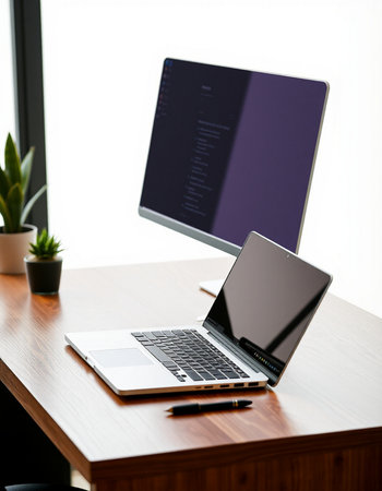 Laptop on a wooden table in front of a window with a blank screen