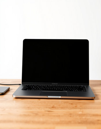 Laptop with black screen on wood table and white wall background.