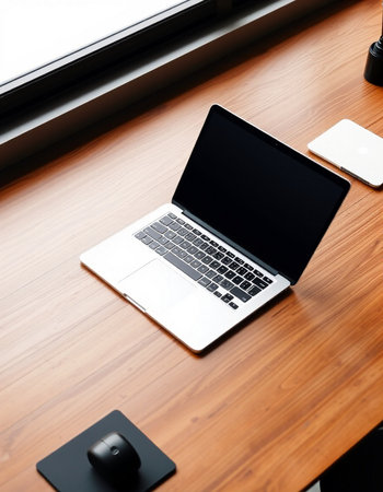 Laptop and mouse on a wooden table. Workplace concept.
