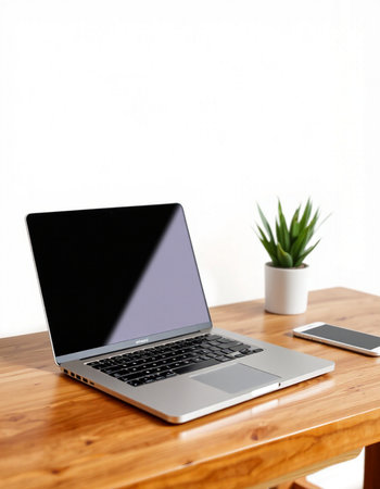Laptop on wooden table with smartphone and plant on white wall background