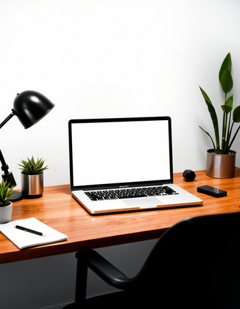 Modern workplace with blank screen laptop computer on wooden table and white wall background
