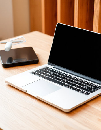 Laptop on the table. Laptop with blank screen on the table.
