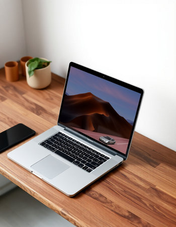 Laptop on wooden table in modern office. 3d rendering.の写真素材