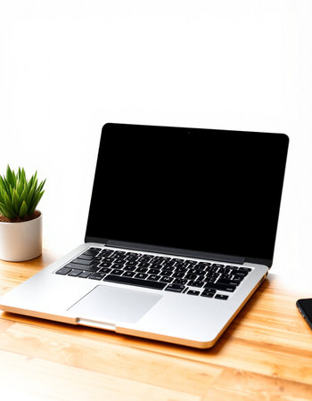 Laptop with blank screen on wood table and white wall background.