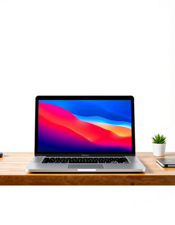 Laptop on wood desk isolated on white background. 3d rendering.