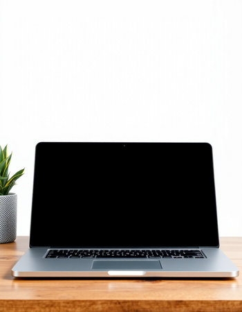 Laptop with blank screen on wooden desk and white wall background.