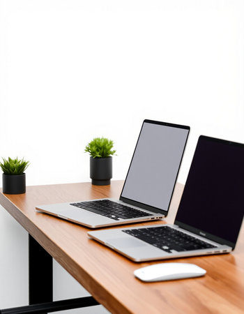 Laptop computer on wooden desk with white wall background, stock photo