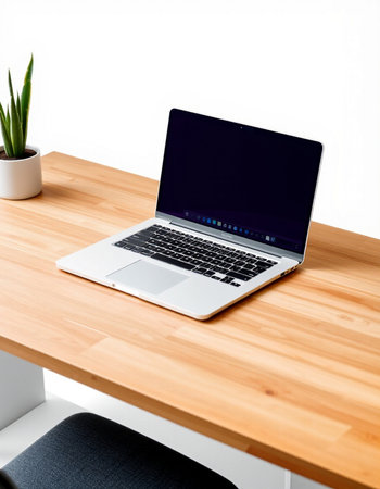 Laptop on wooden table with white wall background. Workplace concept