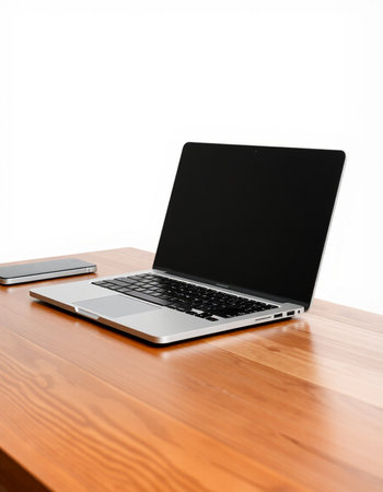Laptop on wooden desk isolated on white background with clipping path.