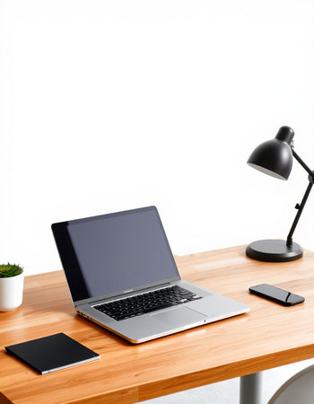 Laptop on a desk with a smartphone and a lamp. 3d rendering