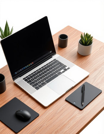 Modern workplace with laptop, mouse, notebook and plant on wooden table