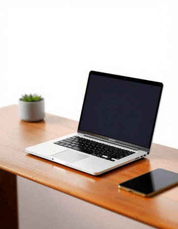 Laptop on wood desk with smart phone and plant on white background