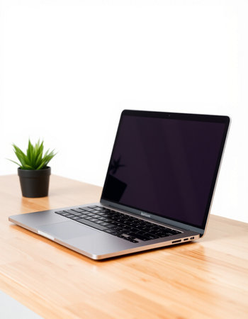Laptop computer on wood table with white wall background, stock photo
