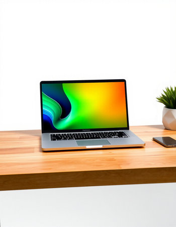 Laptop with colorful screen on wooden desk isolated on white background.
