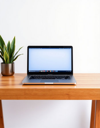 Laptop with blank screen on wooden desk and white wall background.