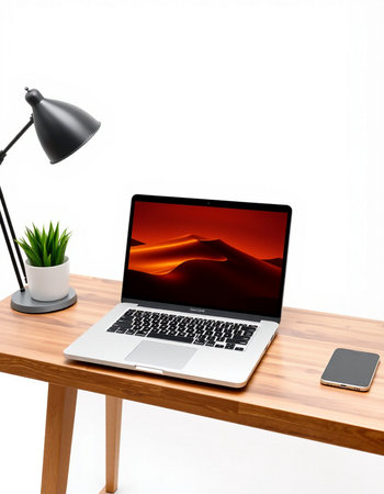 3D illustration laptop and work stuff on table, work from home concept
