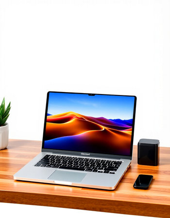 Laptop on the desk isolated on white background. 3d rendering.