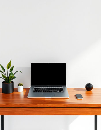 Laptop with blank screen on wooden desk. Mock up, 3D Renderingの写真素材