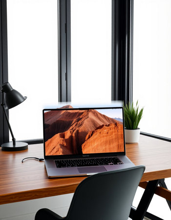 Laptop computer on table in modern room with mountain view. 3d renderの写真素材