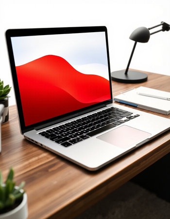 Modern workplace with laptop on wooden table, closeup. Mock upの写真素材